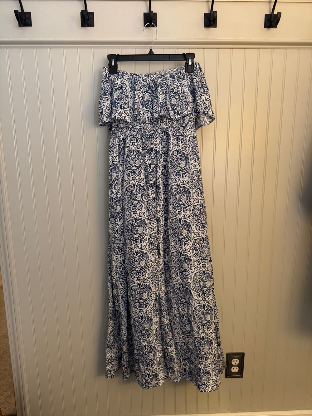 Off-Shoulder Blue and White Printed Maxi Dress